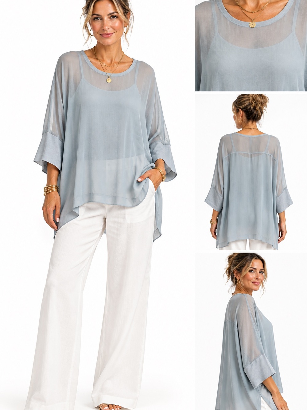 Eileen Fisher Silk Slate Blue Sheer Flow Top- XL